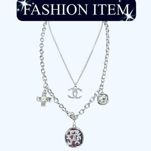 A-1FN-17: NECKLACE: Double Sliver w/Dazzling Monogram Rhinestone Charms, NWOT